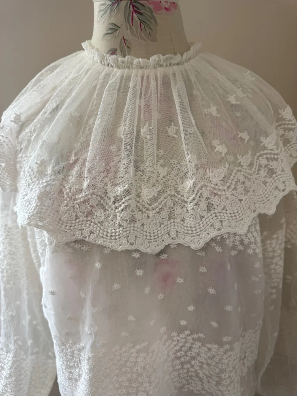 Zara White Sheer Lace Ruffle-Neck Blouse